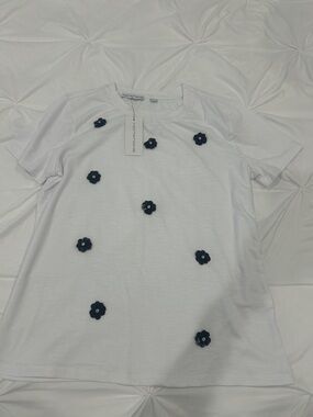 Notations White Tee with Navy Flower Embellishments
